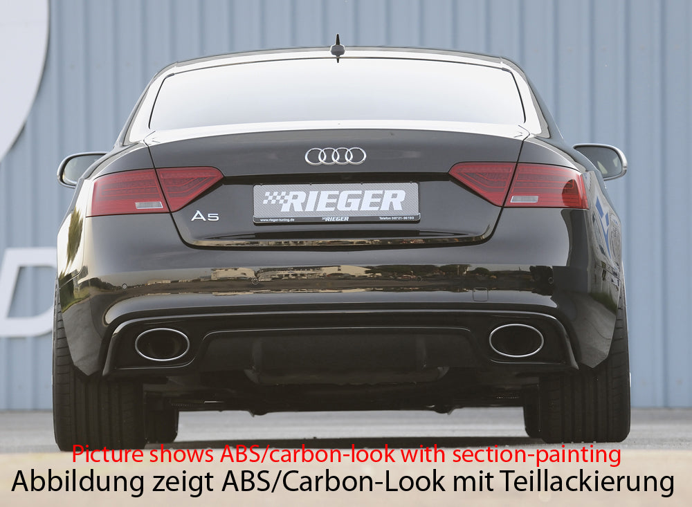 Audi A5 (B8/B81) Rieger Heckeinsatz  für Endrohrblende li. u. re. (185x120mm oval), ABS, schwarz glänzend, für Fzg. mit S-Line Exterieur, 
inkl. Montagezubehör, Gutachten