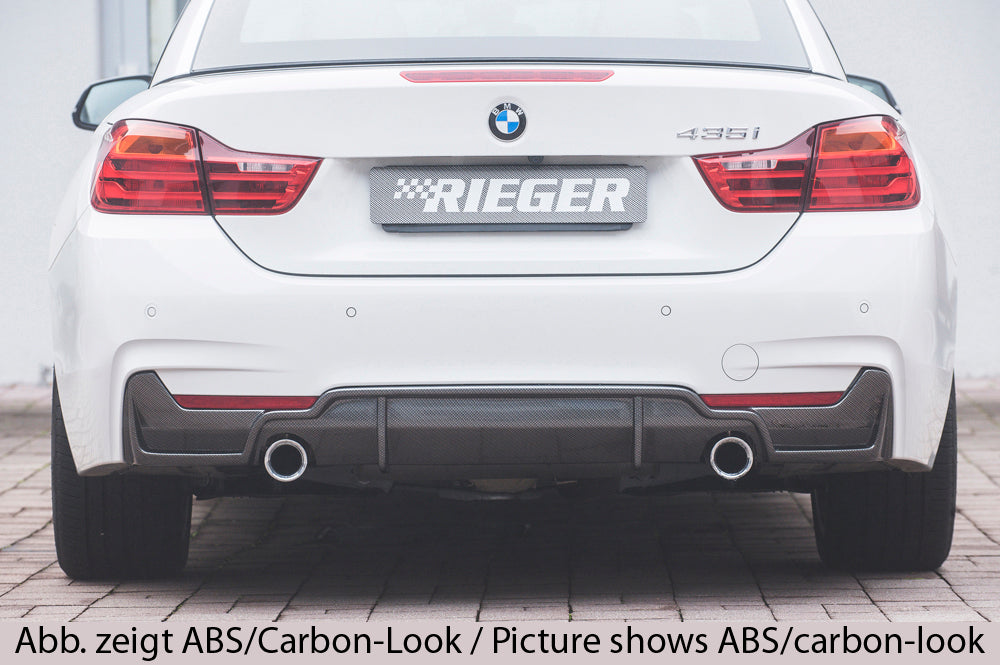 BMW 4er F32  (3C) Rieger Heckeinsatz (nur 435i) nur für M-Paket-Heckschürze für orig. Endrohr li. u. re. (435i-/440i-Look), ABS, schwarz glänzend, für Fzg. mit M-Technik, 
inkl. Montagezubehör, Gutachten