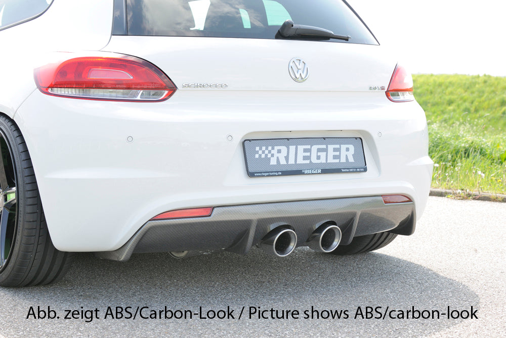 VW Scirocco 3 (13) Rieger Heckeinsatz für R-Line Heckschürze  für Doppelendrohr mittig, (2x100mm ø), ABS, schwarz glänzend, für Fzg. mit R-Line Exterieur, 
inkl. Gutachten, Montagezubehör
