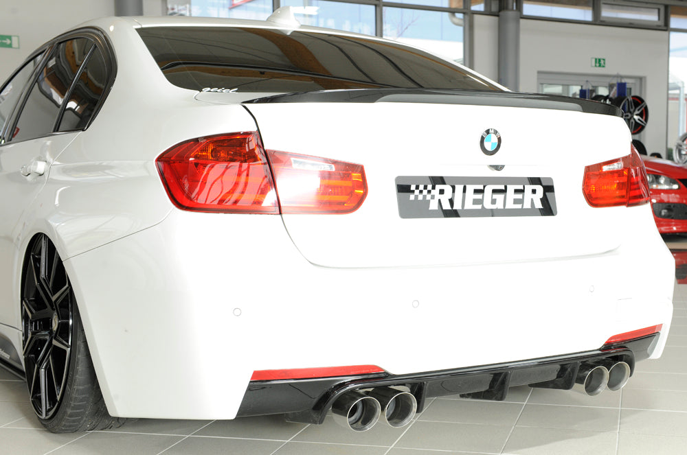 BMW 3er F30  (3L) Rieger Heckeinsatz nur für M-Paket-Heckschürze für Doppelendrohr li. u. re. (335i-/340i-Look), (4x90mm ø), ABS, schwarz glänzend, für Fzg. mit M-Technik, 
inkl. Montagezubehör, Gutachten