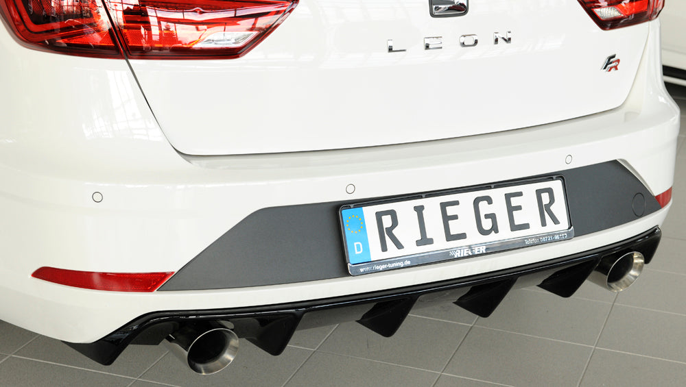 Seat Leon FR (5F) Rieger Heckeinsatz für Fzg. ohne Anhängekupplung für Sportendrohr li. u. re., (100mm ø), ABS, schwarz glänzend, 
inkl. Montagezubehör, Gutachten