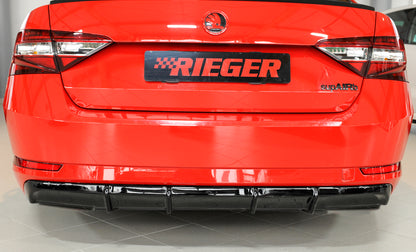 Skoda Superb III (3T/3V) Rieger Heckeinsatz ohne Aussparung für Endrohrblenden ABS, schwarz glänzend, für Fzg. mit Einparkhilfe (PDC), 
inkl. Montagezubehör, Gutachten