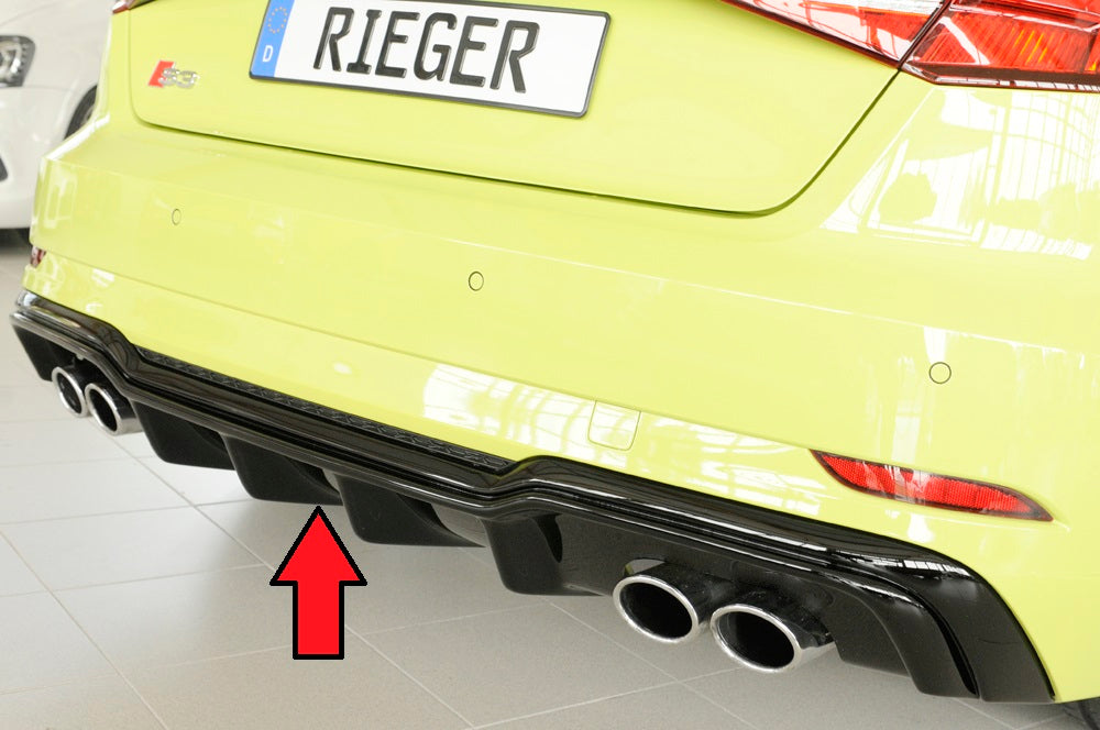 Audi A3 S3 (8V) Rieger Heckeinsatz nur S3 (8V) Schrägheck / Sportback für orig. Doppelendrohr li u. re, (4x90x72mm oval), ABS, schwarz glänzend, für Fzg. mit S-Line Exterieur, 
inkl. Montagezubehör, Gutachten