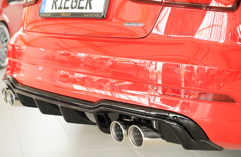 Audi A3 (8V) Rieger Heckeinsatz  für Sportendrohr li. u. re., (4x90mm ø), ABS, schwarz glänzend, für Fzg. mit S-Line Exterieur, 
inkl. Montagezubehör, Gutachten