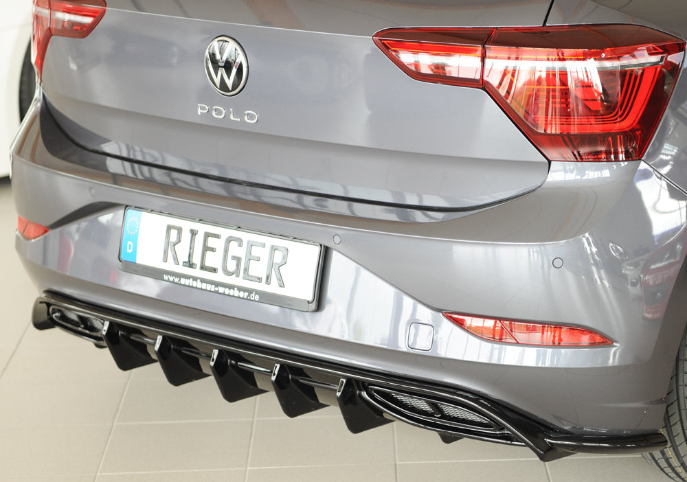 VW Polo (AW) R-Line Rieger Heckeinsatz für orig. Endschalldämpfer, ohne Endrohraussparung, ABS, schwarz glänzend, für Fzg....