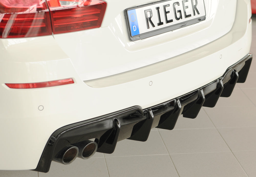 BMW 5er F10  (5L) Rieger Heckeinsatz (für Fzg. mit AHK) für orig. Doppelendrohr li, (2x76mm ø), ABS, schwarz glänzend, für...