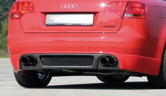 Audi A4 (8E) Typ B7 Rieger Heckschürzenansatz  für Doppelendrohr li. u. re., ABS, Carbon-Look, für Fzg. mit S-Line Exterieur und ohne S-Line Exterieur, 
inkl. Alugitter, Gutachten, Montagezubehör
