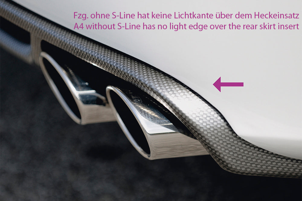 Audi A4 (B8/B81) Rieger Heckschürzenansatz  für orig. Doppelendrohr li, ABS, Carbon-Look, für Fzg. ohne S-Line Exterieur, 
inkl. Montagezubehör, Alugitter, Gutachten