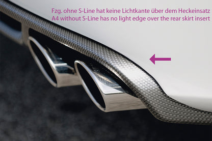 Audi A4 (B8/B81) Rieger Heckschürzenansatz  für orig. Doppelendrohr li, ABS, Carbon-Look, für Fzg. ohne S-Line Exterieur, 
inkl. Montagezubehör, Alugitter, Gutachten