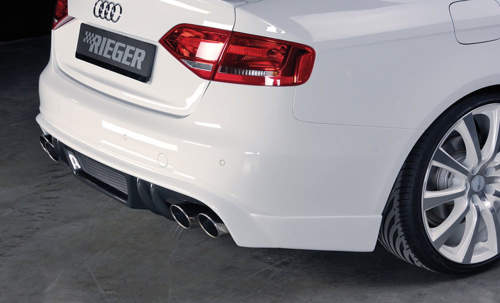Audi A4 (B8/B81) Rieger Heckschürzenansatz  für Doppelendrohr li. u. re., (4x115x85mm oval), ABS, Carbon-Look, für Fzg. mit S-Line Exterieur, 
inkl. Alugitter, Montagezubehör, Gutachten