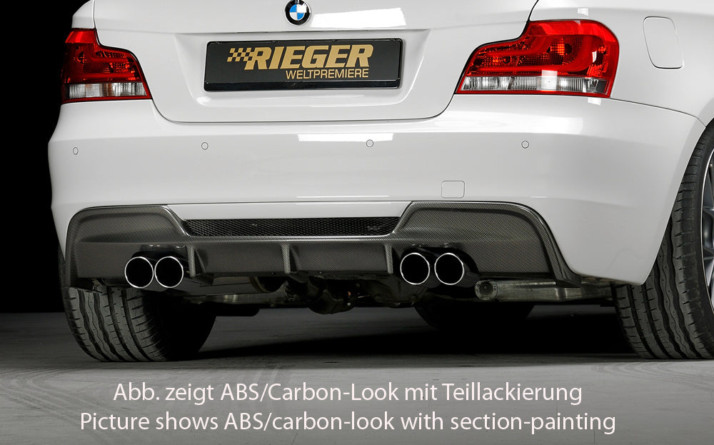 BMW 1er E82, E88  (182 / 1C) Rieger Heckeinsatz  für Doppelendrohr li. u. re., (4x80mm ø), ABS, Carbon-Look, für Fzg. mit M-Technik, 
inkl. Alugitter, Montagezubehör, Gutachten