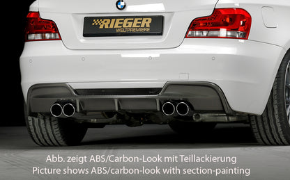 BMW 1er E82, E88  (182 / 1C) Rieger Heckeinsatz  für Doppelendrohr li. u. re., (4x80mm ø), ABS, Carbon-Look, für Fzg. mit M-Technik, 
inkl. Alugitter, Montagezubehör, Gutachten