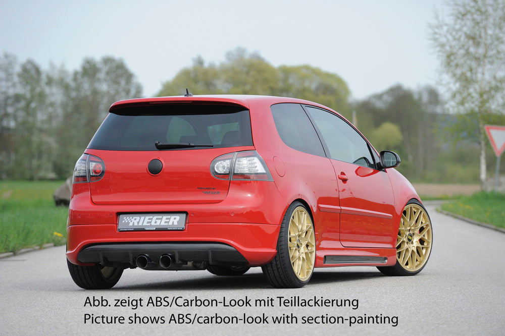 VW Golf 5 Rieger Heckschürzenansatz R-Look (Golf 5 u. Golf 5 GTI) für Doppelendrohr mittig, ABS, Carbon-Look, 
inkl. Montagezubehör, Gutachten