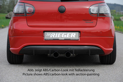 VW Golf 5 Rieger Heckschürzenansatz R-Look (Golf 5 u. Golf 5 GTI) für Doppelendrohr mittig, ABS, Carbon-Look, 
inkl. Montagezubehör, Gutachten