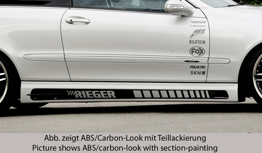 Mercedes CLK (W209) Rieger Seitenschweller  links, mit Schacht und 2 Ausschnitten, Carbon-Look, ABS, 
inkl. Alugitter, Montagezubehör, Gutachten