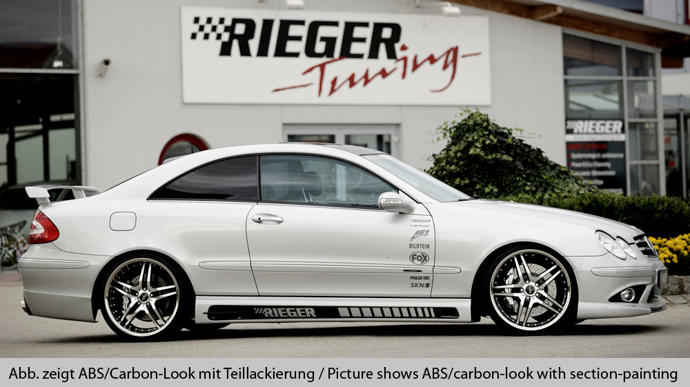 Mercedes CLK (W209) Rieger Seitenschweller  links, mit Schacht und 2 Ausschnitten, Carbon-Look, ABS, 
inkl. Alugitter, Montagezubehör, Gutachten