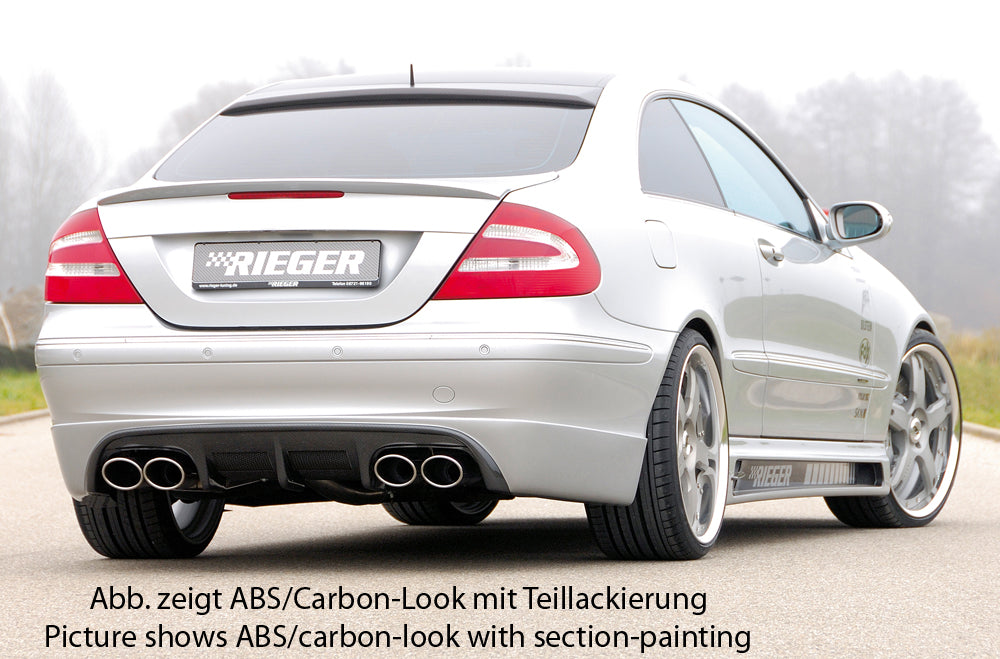 Mercedes CLK (W209) Rieger Heckschürzenansatz  mit 2 Aussparungen mittig, ABS, Carbon-Look, 
inkl. Montagezubehör, Alugitter, Gutachten