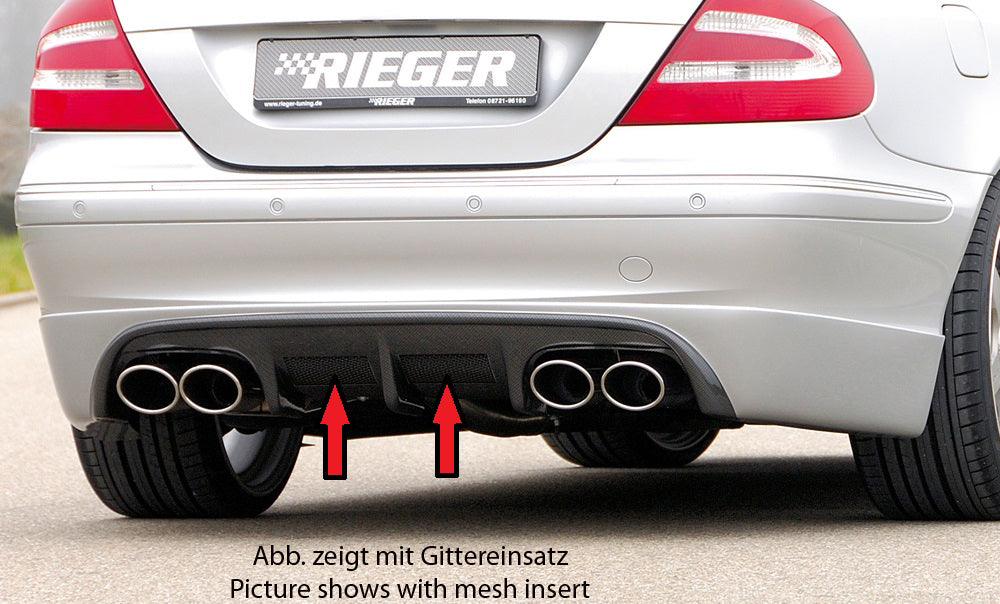 Mercedes CLK (W209) Rieger Heckschürzenansatz  mit 2 Aussparungen mittig, ABS, Carbon-Look, 
inkl. Montagezubehör, Alugitter, Gutachten