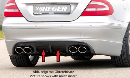 Mercedes CLK (W209) Rieger Heckschürzenansatz  mit 2 Aussparungen mittig, ABS, Carbon-Look, 
inkl. Montagezubehör, Alugitter, Gutachten