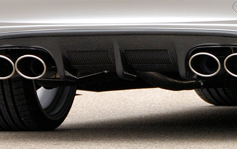 Mercedes CLK (W209) Rieger Heckschürzenansatz  mit 2 Aussparungen mittig, ABS, Carbon-Look, 
inkl. Montagezubehör, Alugitter, Gutachten