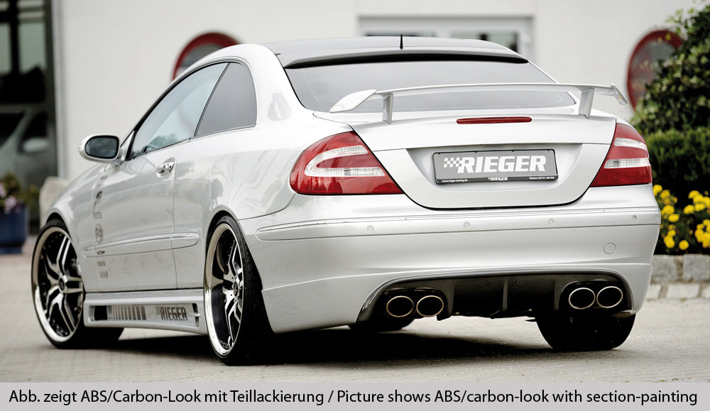 Mercedes CLK (W209) Rieger Heckschürzenansatz  mit 2 Aussparungen mittig, ABS, Carbon-Look, 
inkl. Montagezubehör, Alugitter, Gutachten