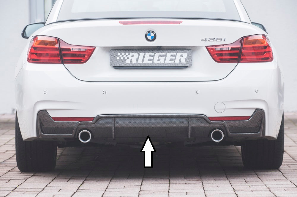 BMW 4er F32  (3C) Rieger Heckeinsatz (nur 435i) nur für M-Paket-Heckschürze für orig. Endrohr li. u. re. (435i-/440i-Look), ABS, Carbon-Look, für Fzg. mit M-Technik, 
inkl. Montagezubehör, Gutachten