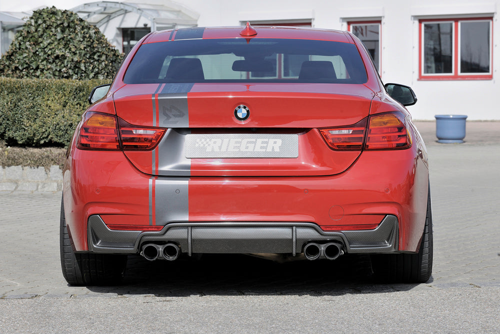 BMW 4er F32  (3C) Rieger Heckeinsatz nur für M-Paket-Heckschürze für Doppelendrohr li. u. re. (435i-/440i-Look), (4x80mm ø), ABS, Carbon-Look, für Fzg. mit M-Technik, 
inkl. Montagezubehör, Gutachten