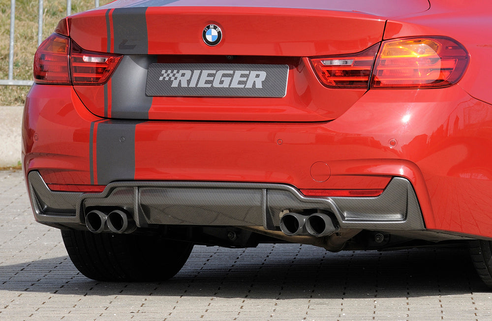 BMW 4er F32  (3C) Rieger Heckeinsatz nur für M-Paket-Heckschürze für Doppelendrohr li. u. re. (435i-/440i-Look), (4x80mm ø), ABS, Carbon-Look, für Fzg. mit M-Technik, 
inkl. Montagezubehör, Gutachten