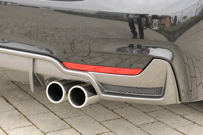 BMW 4er F32  (3C) Rieger Heckeinsatz nur für M-Paket-Heckschürze mit Gittereinsatz li./re., für Doppelendrohr li. u. re. (435i-/440i-Look), (4x80mm ø), ABS, Carbon-Look, für Fzg. mit M-Technik, 
inkl. Alugitter, Montagezubehör, Gutachten