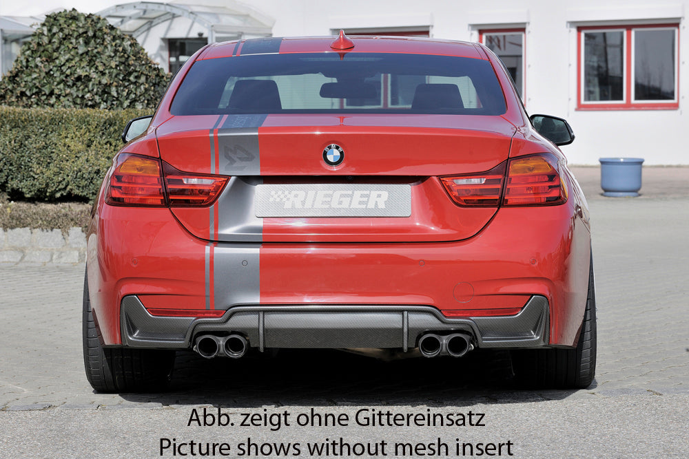 BMW 4er F32  (3C) Rieger Heckeinsatz nur für M-Paket-Heckschürze mit Gittereinsatz li./re., für Doppelendrohr li. u. re. (435i-/440i-Look), (4x80mm ø), ABS, Carbon-Look, für Fzg. mit M-Technik, 
inkl. Alugitter, Montagezubehör, Gutachten