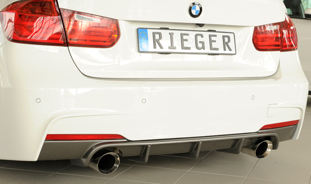 BMW 3er F30  (3L) Rieger Heckeinsatz nur für M-Paket-Heckschürze für orig. Endrohr li. u. re. (335i/340i Look), ABS, Carbon-Look, für Fzg. mit M-Technik, 
inkl. Montagezubehör, Gutachten
