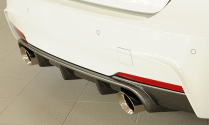 BMW 3er F30  (3L) Rieger Heckeinsatz nur für M-Paket-Heckschürze für orig. Endrohr li. u. re. (335i/340i Look), ABS, Carbon-Look, für Fzg. mit M-Technik, 
inkl. Montagezubehör, Gutachten