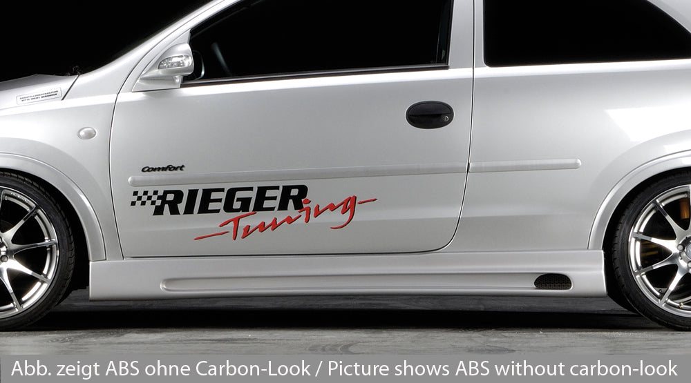 Opel Corsa C Rieger Seitenschweller nicht für 5-tür. links, mit Schacht, mit Ausschnitt, ABS, Carbon-Look, 
inkl. Alugitter, Gutachten, Montagezubehör