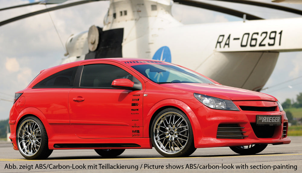 Opel Astra H GTC Rieger Seitenschweller  links, mit Schacht, mit Ausschnitt, ABS, Carbon-Look, 
inkl. Alugitter, Gutachten, Montagezubehör