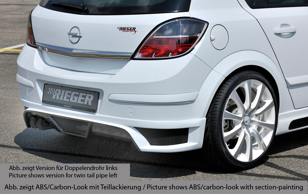 Opel Astra H Rieger Heckschürzenansatz  für Endrohr li., ABS, Carbon-Look, für Fzg. mit OPC und ohne OPC, 
inkl. Montagezubehör, Alugitter