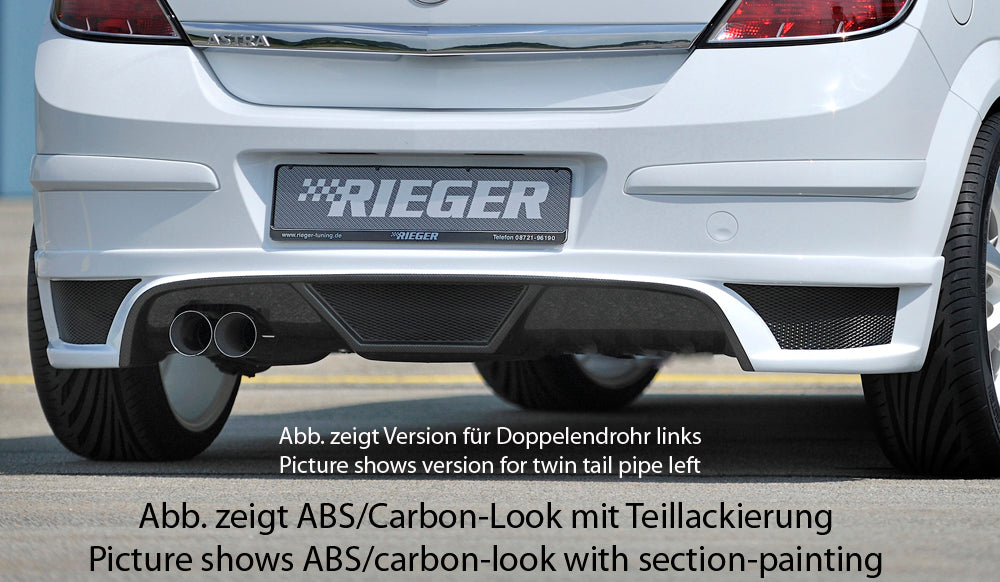 Opel Astra H Rieger Heckschürzenansatz  für Endrohr li., ABS, Carbon-Look, für Fzg. mit OPC und ohne OPC, 
inkl. Montagezubehör, Alugitter