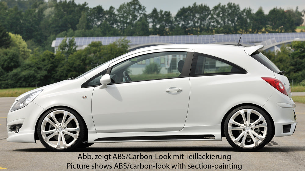 Opel Corsa D Rieger Seitenschweller  links, mit Schacht, mit Ausschnitt, ABS, Carbon-Look, 
inkl. Montagezubehör, Alugitter