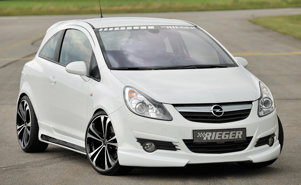 Opel Corsa D Rieger Seitenschweller  links, mit Schacht, mit Ausschnitt, ABS, Carbon-Look, 
inkl. Montagezubehör, Alugitter