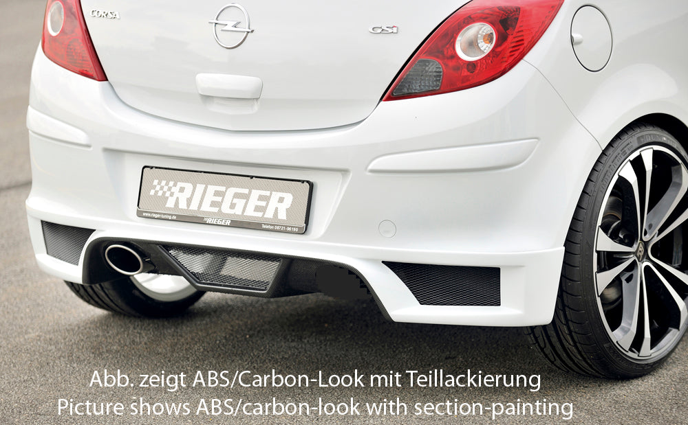 Opel Corsa D Rieger Heckschürzenansatz  für Endrohr li., ABS, Carbon-Look, 
inkl. Montagezubehör, Alugitter