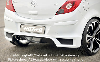 Opel Corsa D Rieger Heckschürzenansatz  für Endrohr li., ABS, Carbon-Look, 
inkl. Montagezubehör, Alugitter