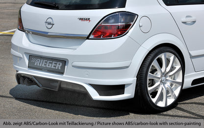 Opel Astra H Rieger Heckschürzenansatz  für Doppelendrohr li., ABS, Carbon-Look, für Fzg. mit OPC und ohne OPC, 
inkl. Montagezubehör, Alugitter