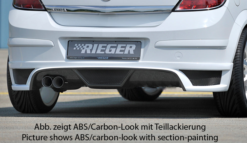 Opel Astra H Rieger Heckschürzenansatz  für Doppelendrohr li., ABS, Carbon-Look, für Fzg. mit OPC und ohne OPC, 
inkl. Montagezubehör, Alugitter