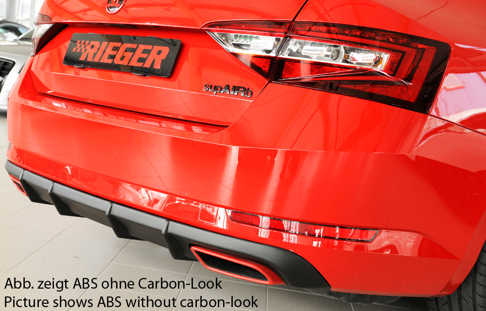 Skoda Superb III (3T/3V) Rieger Heckeinsatz nur 2.0 TSI (200/206kW) für orig. Endrohrblende li. u. re., ABS, Carbon-Look, für Fzg. mit Anhängekupplung, Einparkhilfe (PDC), 
inkl. Montagezubehör, Gutachten