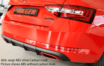 Skoda Superb III (3T/3V) Rieger Heckeinsatz nur 2.0 TSI (200/206kW) für orig. Endrohrblende li. u. re., ABS, Carbon-Look, für Fzg. mit Anhängekupplung, Einparkhilfe (PDC), 
inkl. Montagezubehör, Gutachten
