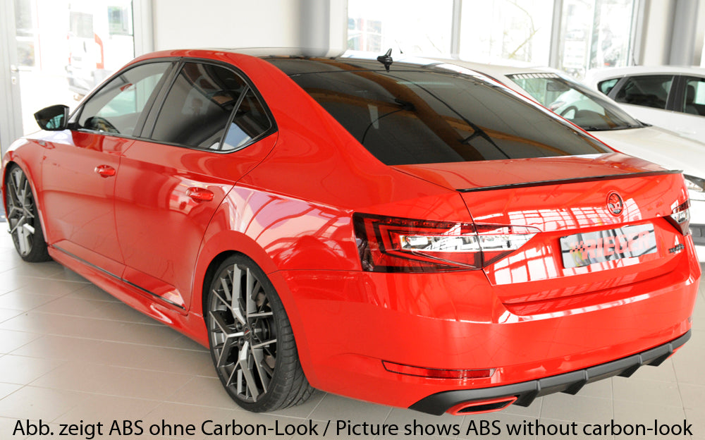 Skoda Superb III (3T/3V) Rieger Heckeinsatz nur 2.0 TSI (200/206kW) für orig. Endrohrblende li. u. re., ABS, Carbon-Look, für Fzg. mit Anhängekupplung, Einparkhilfe (PDC), 
inkl. Montagezubehör, Gutachten