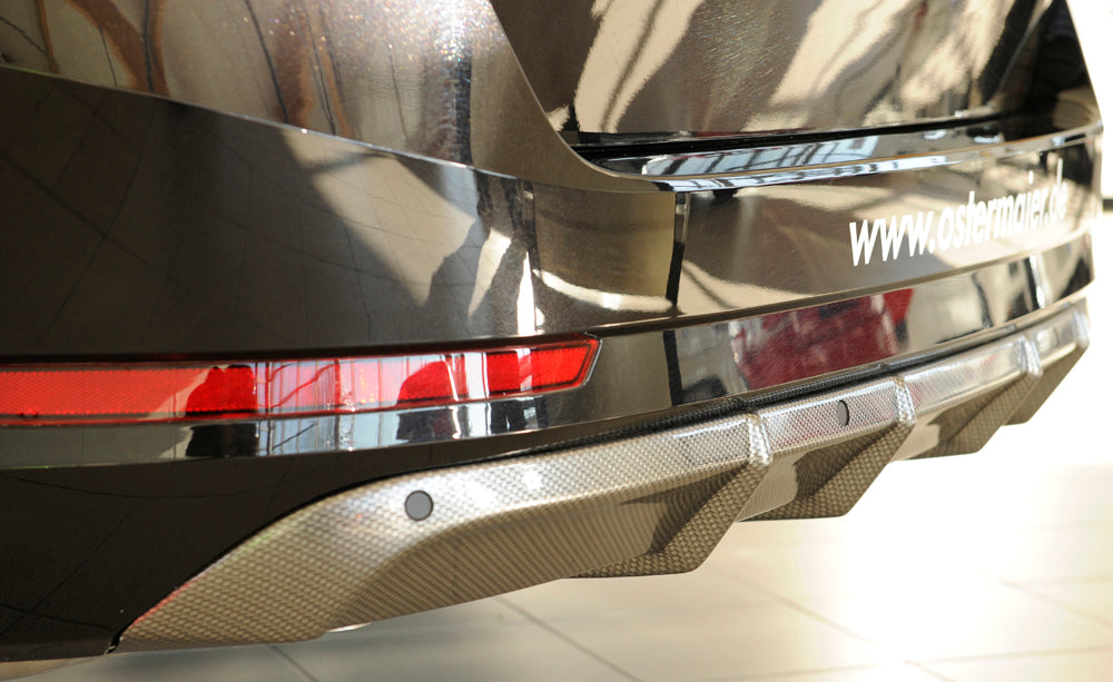 Skoda Superb III (3T/3V) Rieger Heckeinsatz ohne Aussparung für Endrohrblenden ABS, Carbon-Look, für Fzg. mit Einparkhilfe (PDC), 
inkl. Montagezubehör, Gutachten