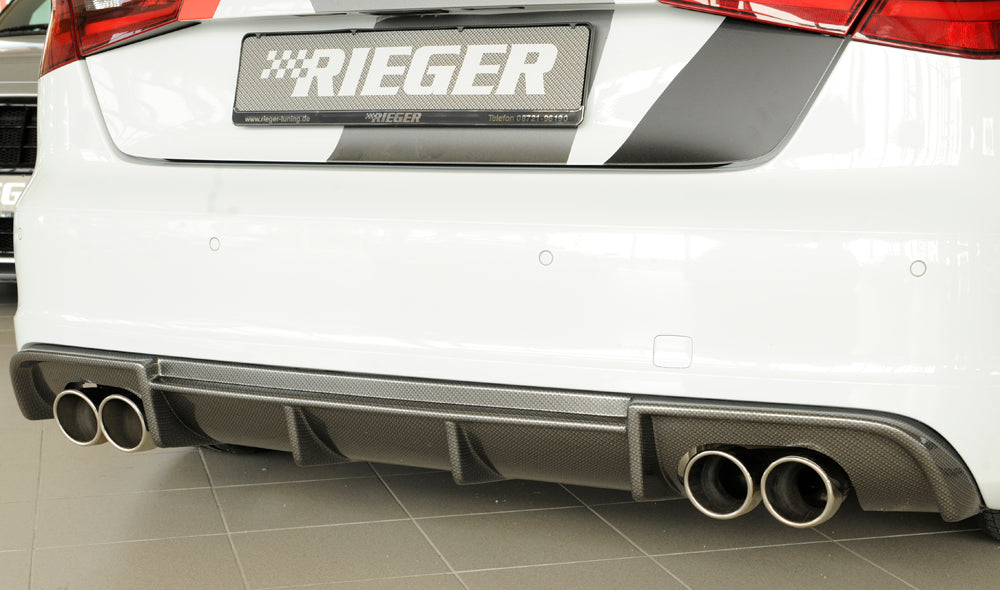 Audi A3 S3 (8V) Rieger Heckeinsatz (Typ: 99356)  für orig. Doppelendrohr li u. re, ABS, Carbon-Look, für Fzg. mit S-Line Exterieur, 
inkl. Montagezubehör, Gutachten
