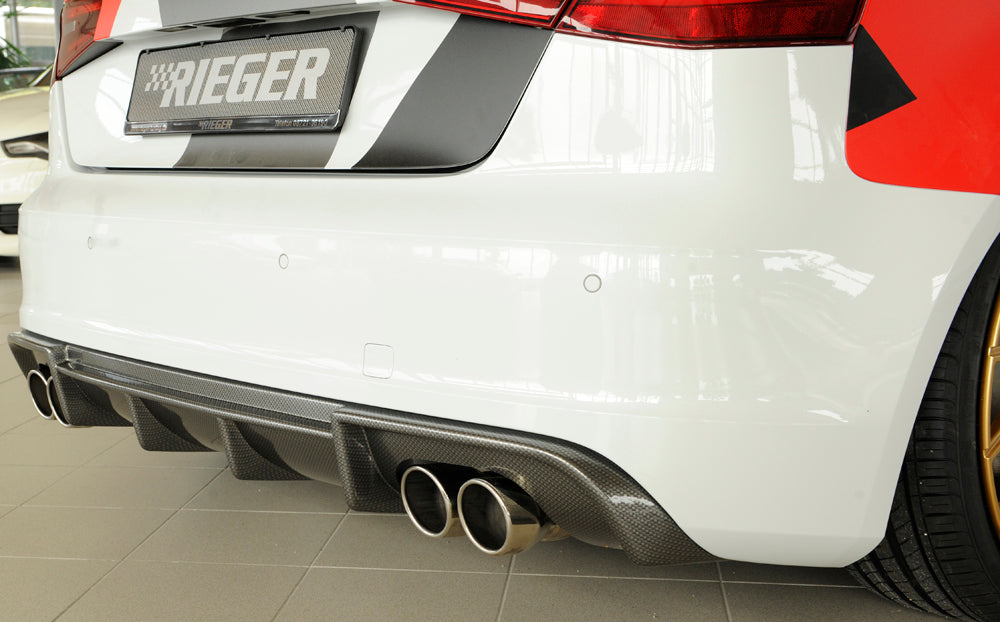 Audi A3 S3 (8V) Rieger Heckeinsatz (Typ: 99356)  für orig. Doppelendrohr li u. re, ABS, Carbon-Look, für Fzg. mit S-Line Exterieur, 
inkl. Montagezubehör, Gutachten