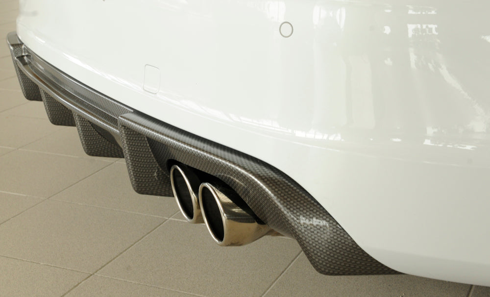 Audi A3 S3 (8V) Rieger Heckeinsatz (Typ: 99356)  für orig. Doppelendrohr li u. re, ABS, Carbon-Look, für Fzg. mit S-Line Exterieur, 
inkl. Montagezubehör, Gutachten