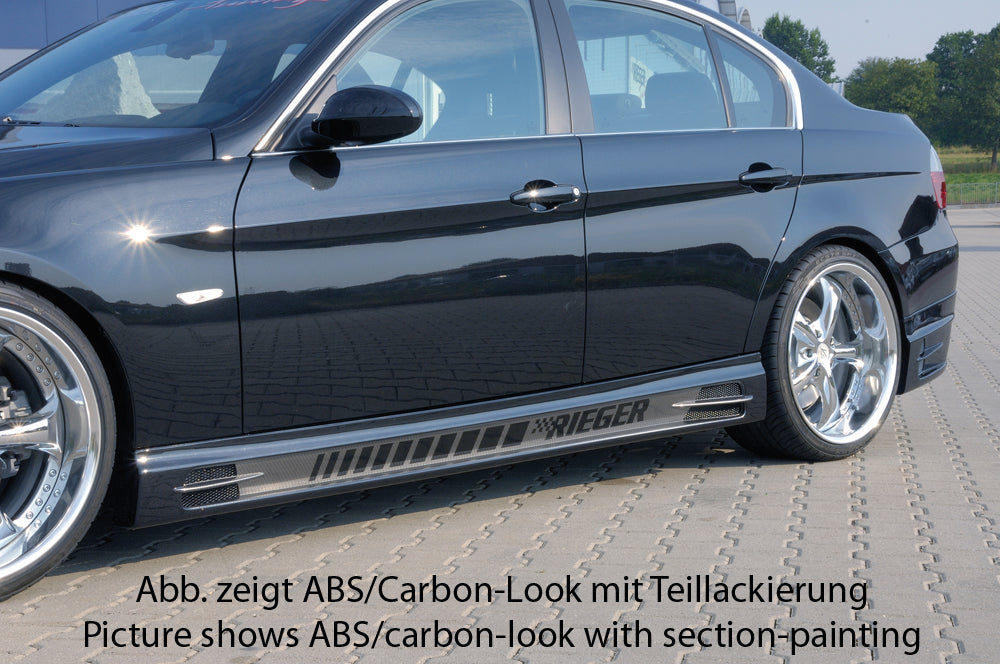 BMW 3er E90 Rieger Seitenschweller  links, mit Schacht und 2 Ausschnitten, ABS, Carbon-Look, 
inkl. Alugitter, Gutachten, Montagezubehör